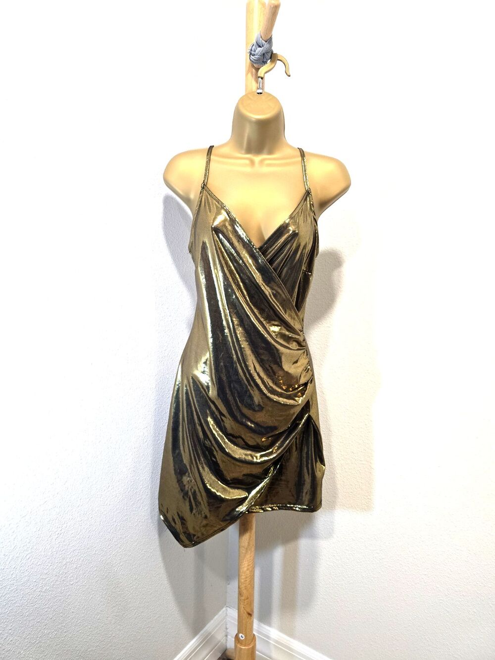 Vintage Wearever Metallic Gold Dress L Bodycon 80s 90s Glam Faux Wrap Disco Club